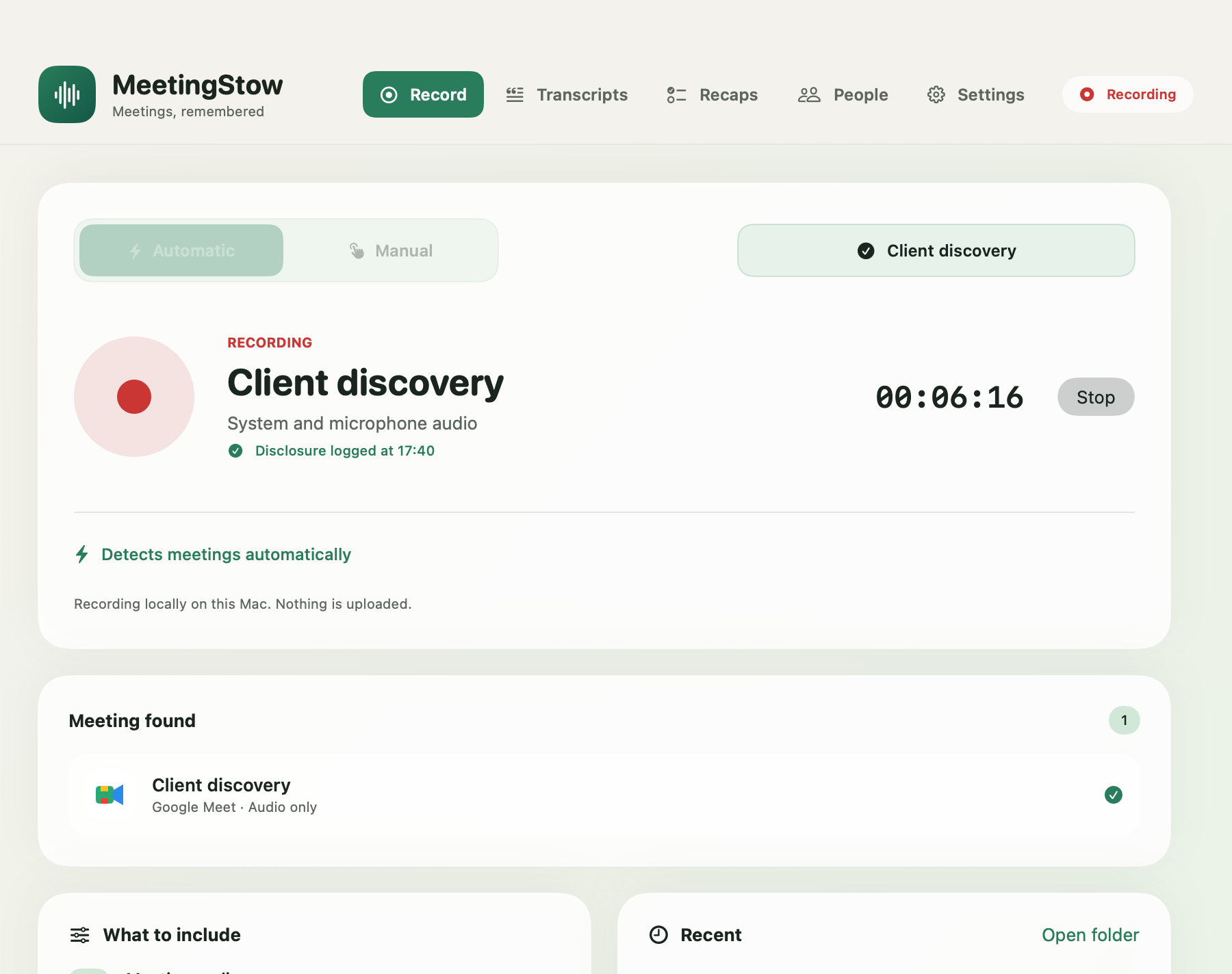 MeetingStow Automatic mode actively recording a fictional Google Meet call locally on a Mac