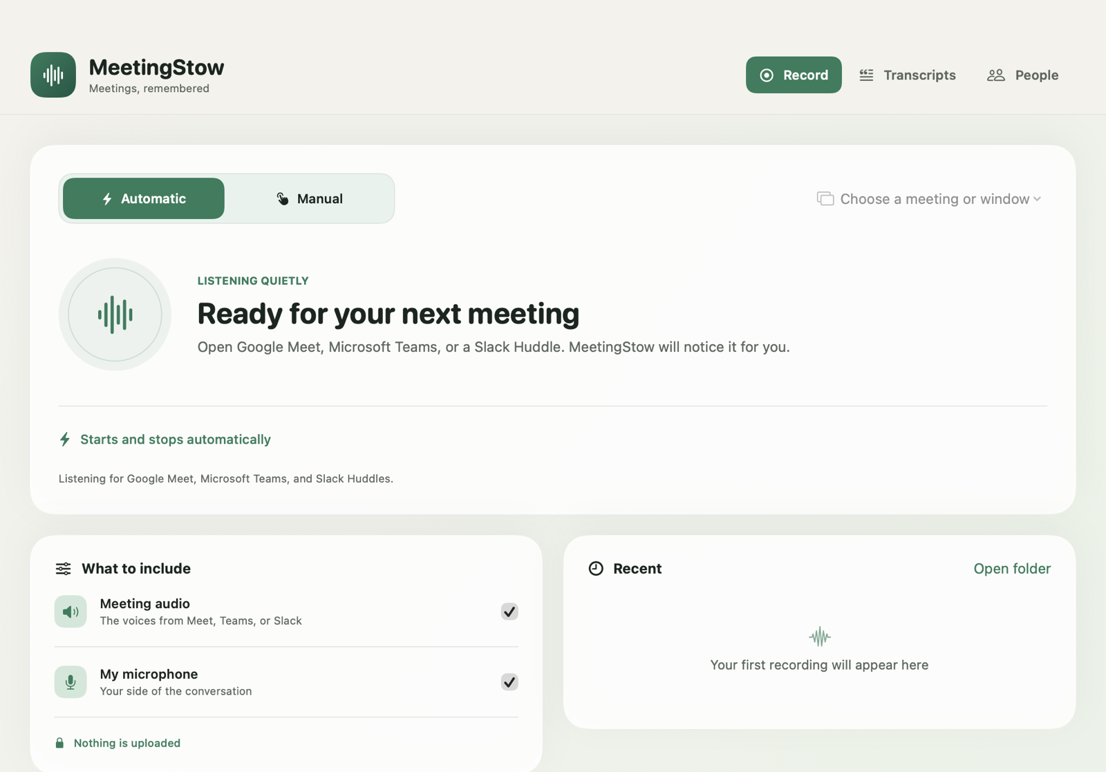 MeetingStow for Mac listening quietly for a meeting, with automatic recording and local audio controls enabled